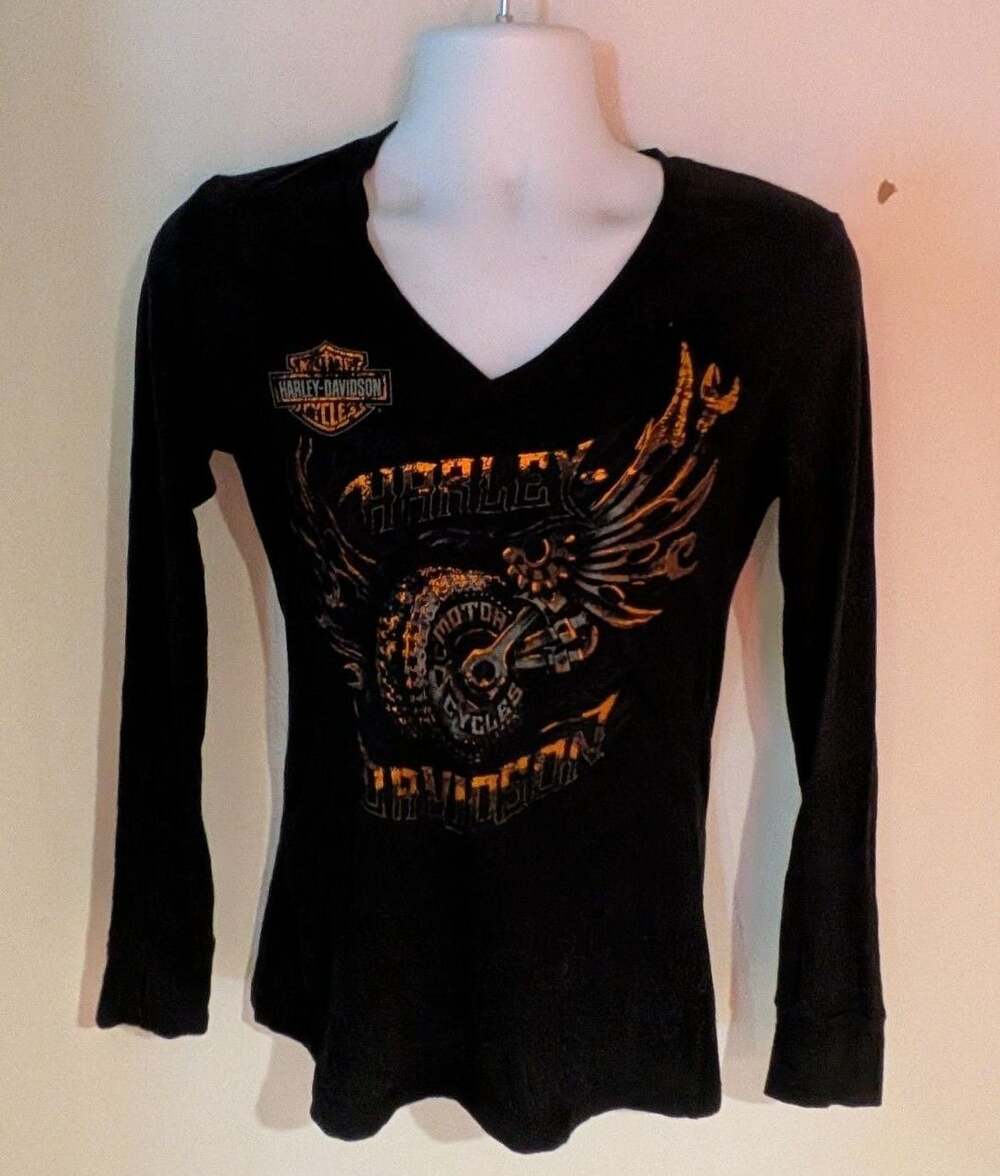 Harley Davidson Long Sleeve V-Neck Shirt Black Graphic